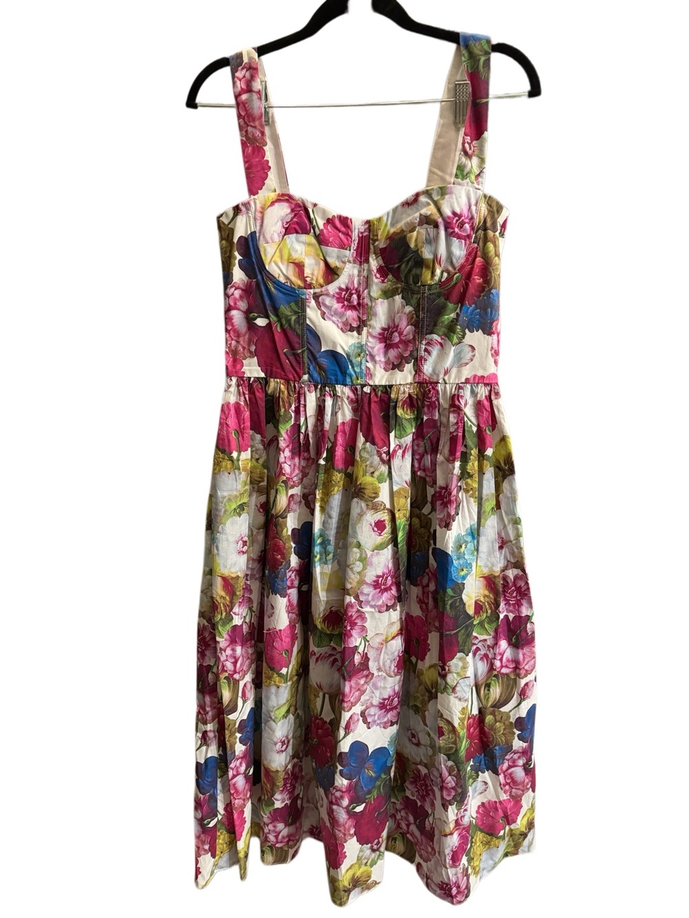 Designer-style 100% Cotton Floral Strap MIDI Dress — Pink & Blue
